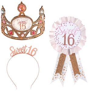 16th Birthday Tiara, Headband & Ribbon - Sweet 16 Birthday Rose Gold Pink White